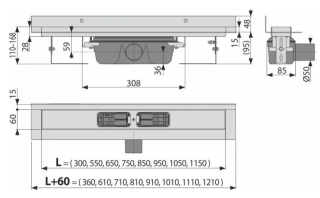 Душевой лоток AlcaPlast с порогами для цельной решетки и фиксированным воротником к стене 85см хром APZ16-850